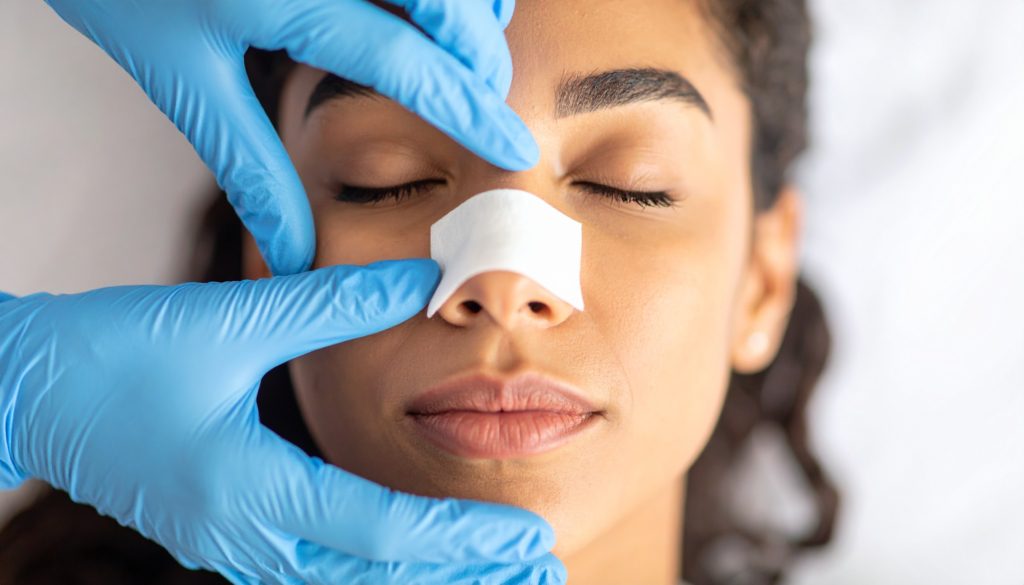 Facial surgery. Person with bandage on nose close up — Woran erkennt man eine fehlgeschlagene Nasen-OP? Ihr Weg zur Rettung in Istanbul