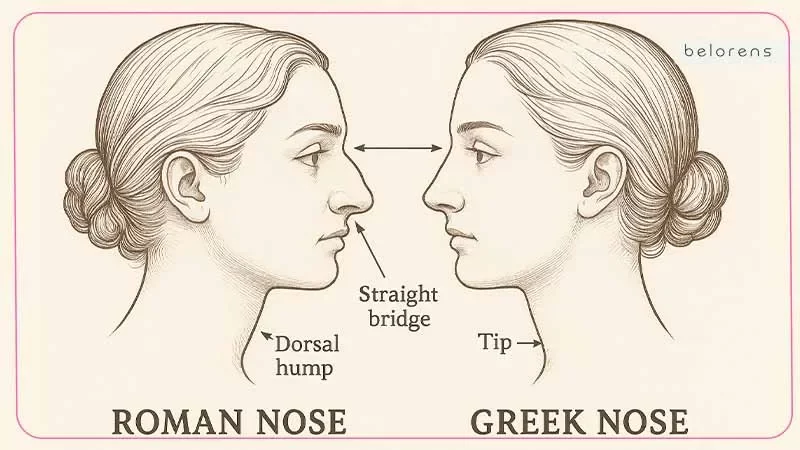 Roman nose vs greek nose anatomy showing dorsal hump and high bridge